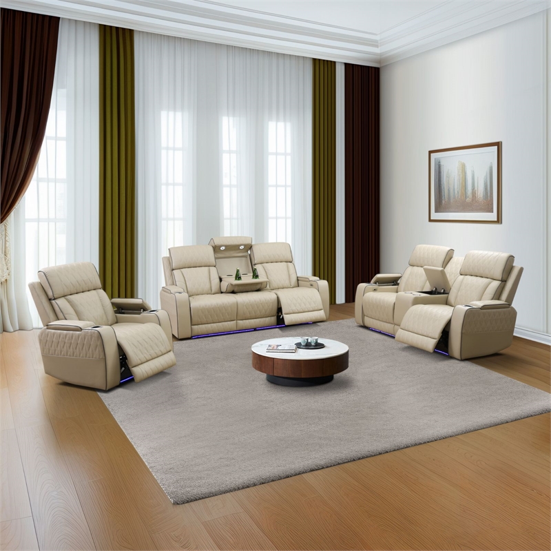 Star Home Living Breathing Leather 3-Piece Recliner Sofa Set in Beige