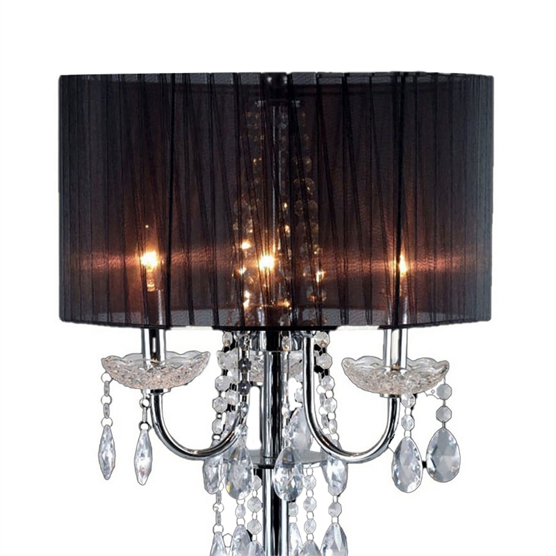 Table Lamp with Pleated Drum Shade and Crystal Droplets- Chrome