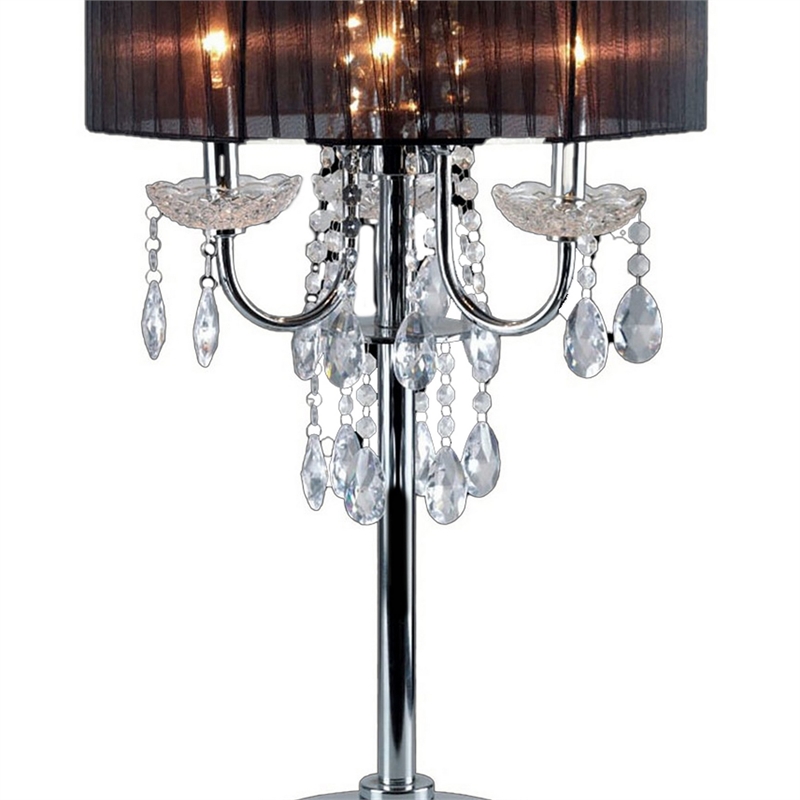 Table Lamp with Pleated Drum Shade and Crystal Droplets- Chrome