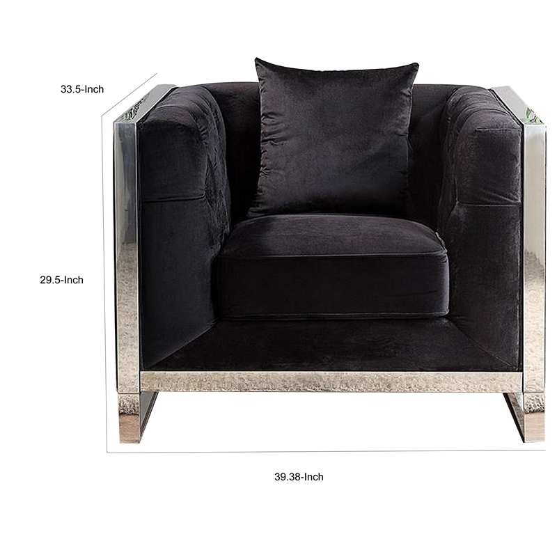 Vade 39 Inch Accent Chair- Stainless Steel Frame- Tufted Black Flannelette