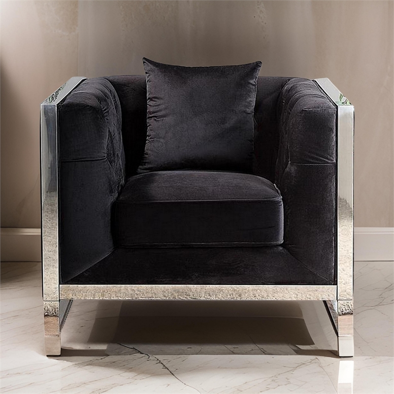 Vade 39 Inch Accent Chair- Stainless Steel Frame- Tufted Black Flannelette