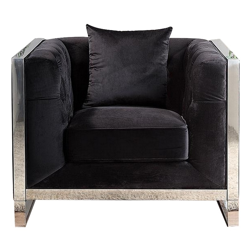 Vade 39 Inch Accent Chair- Stainless Steel Frame- Tufted Black Flannelette