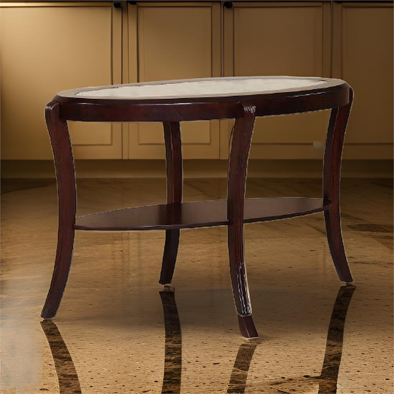 Lyn 51 Inch Console Table with Oval Glass Top and Lower Shelf- Brown Wood