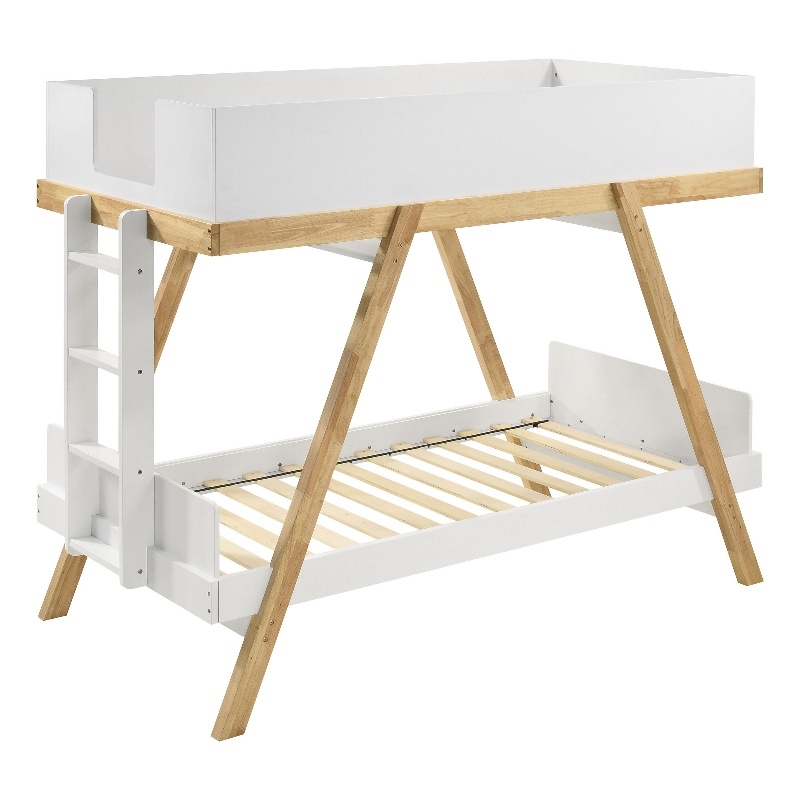 Anky Twin Size Bunk Bed- Brown Wood- 3 Side Panel Rails- Ladder- White