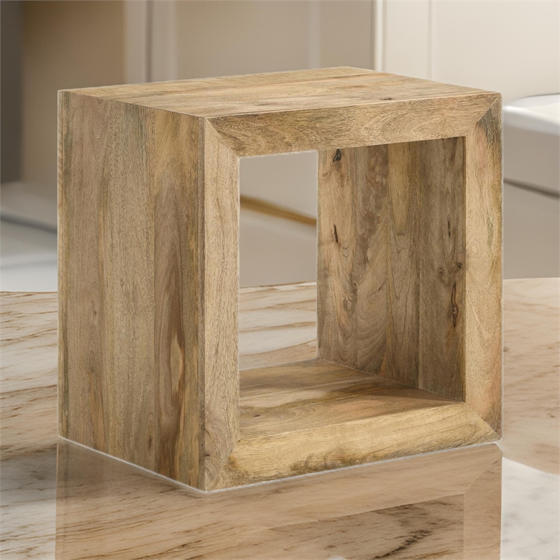 Beni 22 Inch End Table- Cube Shape- Handcrafted Mango Wood Frame- Brown