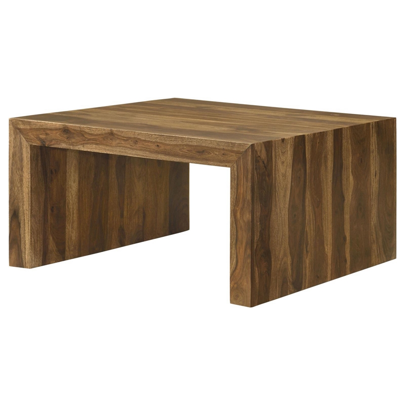 Ody 34 Inch Square Coffee Table- U Shaped- Sheesham Wood- Auburn Brown