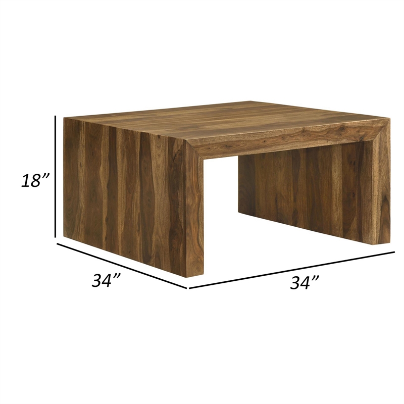 Ody 34 Inch Square Coffee Table- U Shaped- Sheesham Wood- Auburn Brown