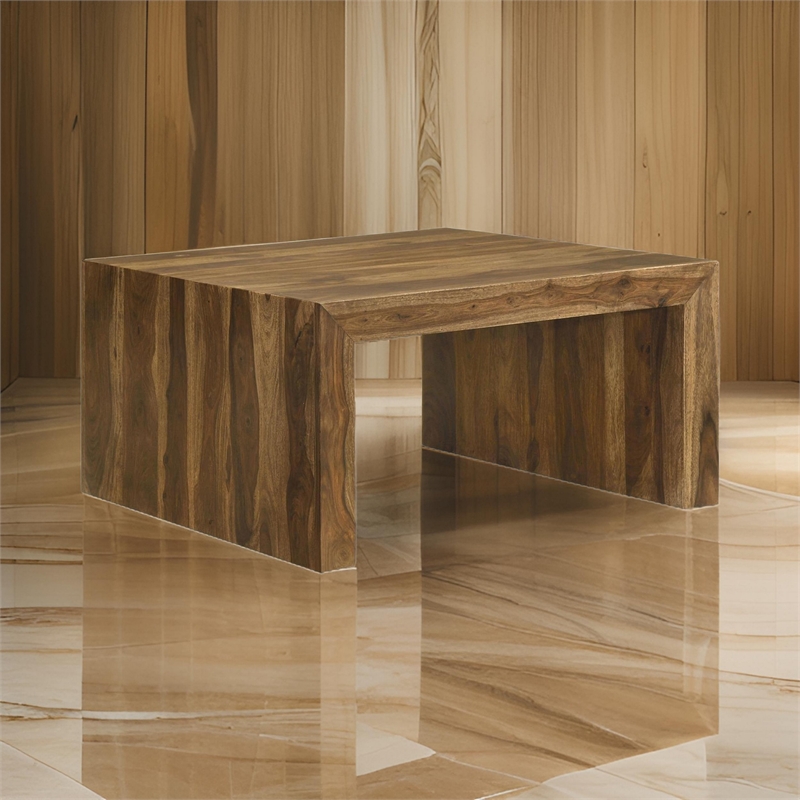 Ody 34 Inch Square Coffee Table- U Shaped- Sheesham Wood- Auburn Brown