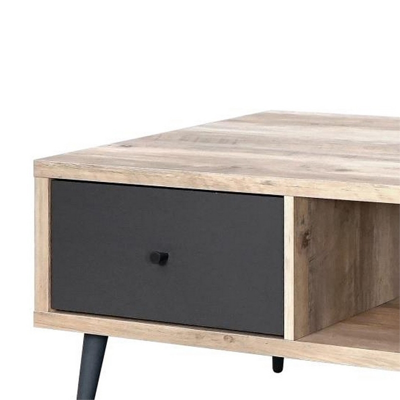Carly 47 Inch Coffee Table- Tapered Legs- 1 Drawer- Light Brown and Gray
