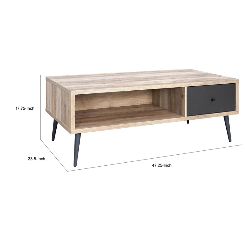 Carly 47 Inch Coffee Table- Tapered Legs- 1 Drawer- Light Brown and Gray