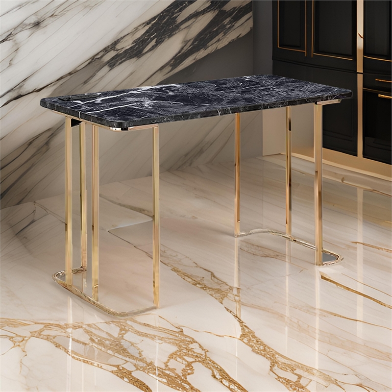 Jenny 47 Inch Desk- USB Power Outlet- Gold Metal Legs- Black Faux Marble