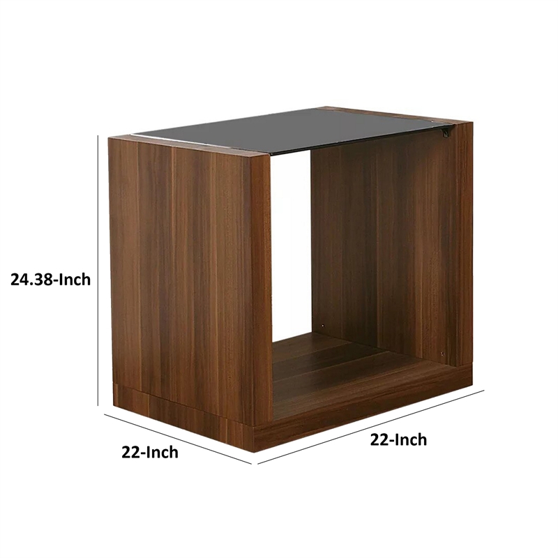 Bere 24 Inch Side End Table- Black Glass Top- Open Bottom Shelf- Brown Wood