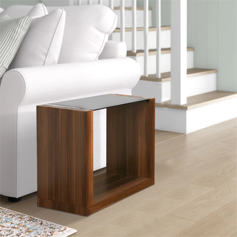 Bere 24 Inch Side End Table- Black Glass Top- Open Bottom Shelf- Brown Wood