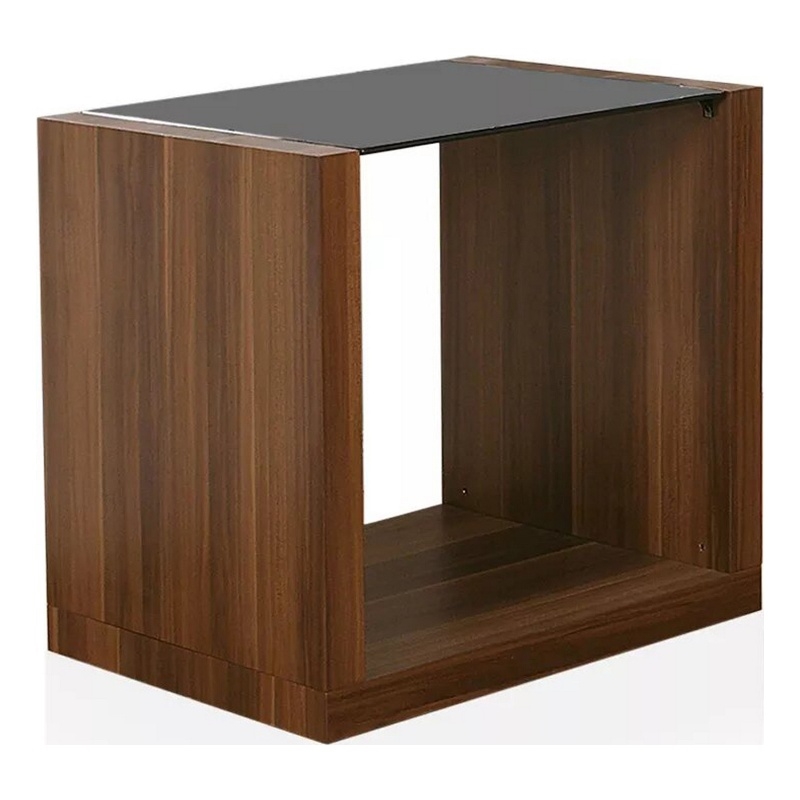 Bere 24 Inch Side End Table- Black Glass Top- Open Bottom Shelf- Brown Wood