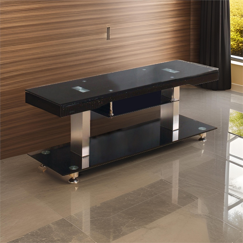 60 Inch TV Entertainment Console- Long Glass Media Shelf- Chrome Accents
