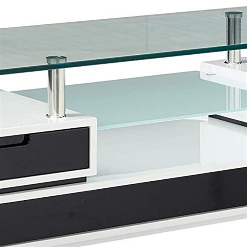 63 Inch TV Entertainment Console- Glass Top- Chrome Posts- Black- White