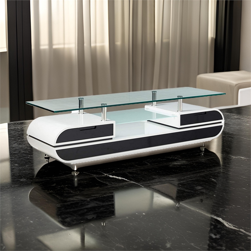63 Inch TV Entertainment Console- Glass Top- Chrome Posts- Black- White