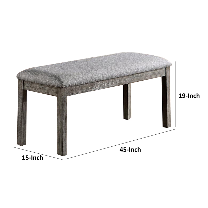 Lais 45 Inch Dining Bench- Wired Brushed Gray Wood- Gray Fabric Padded Seat