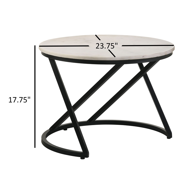 24 Inch Accent Coffee Table- White Marble Top- C Base- Black Metal Finish