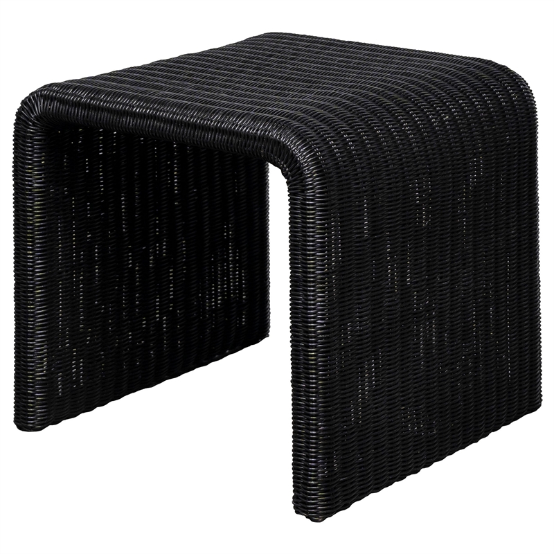 Gigi 22 Inch Side End Table- Black Woven Rattan- Square Waterfall Edges