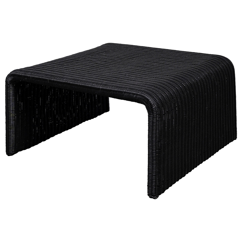 Gigi 36 Inch Coffee Table- Black Woven Rattan- Square Waterfall Edges