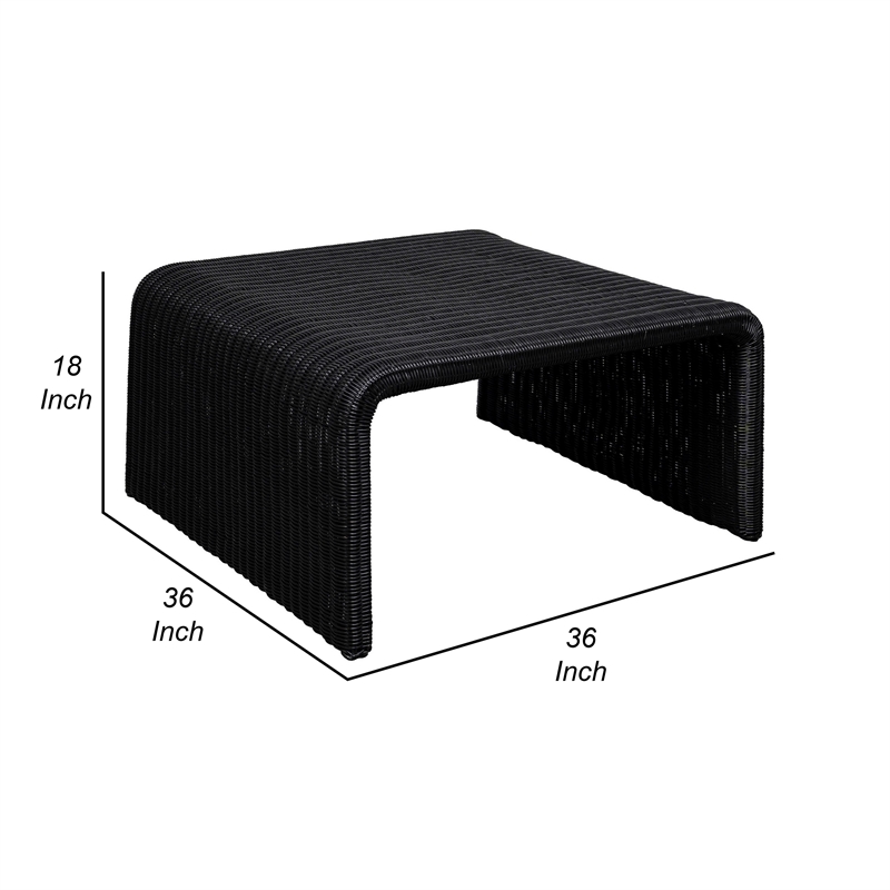 Gigi 36 Inch Coffee Table- Black Woven Rattan- Square Waterfall Edges