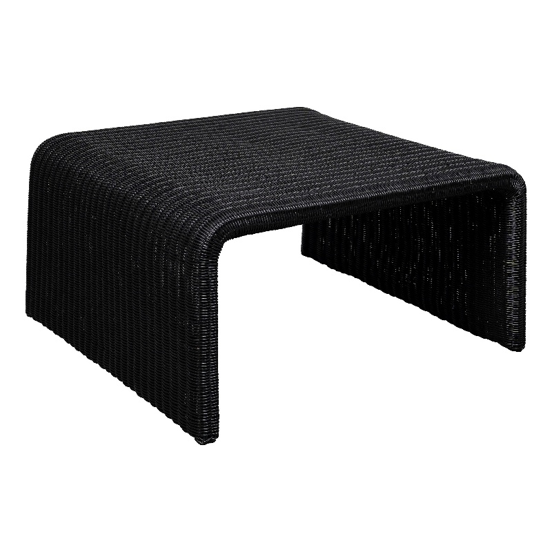 Gigi 36 Inch Coffee Table- Black Woven Rattan- Square Waterfall Edges