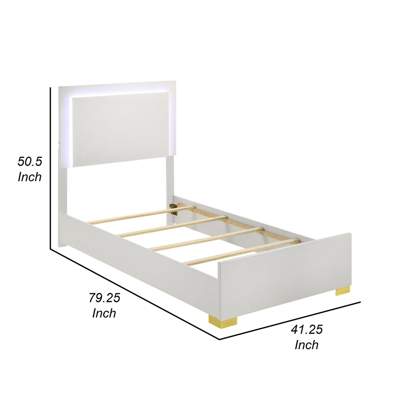 Dex Twin Size Bed with LED Framed Headboard- White Wood Finish- Gold Legs