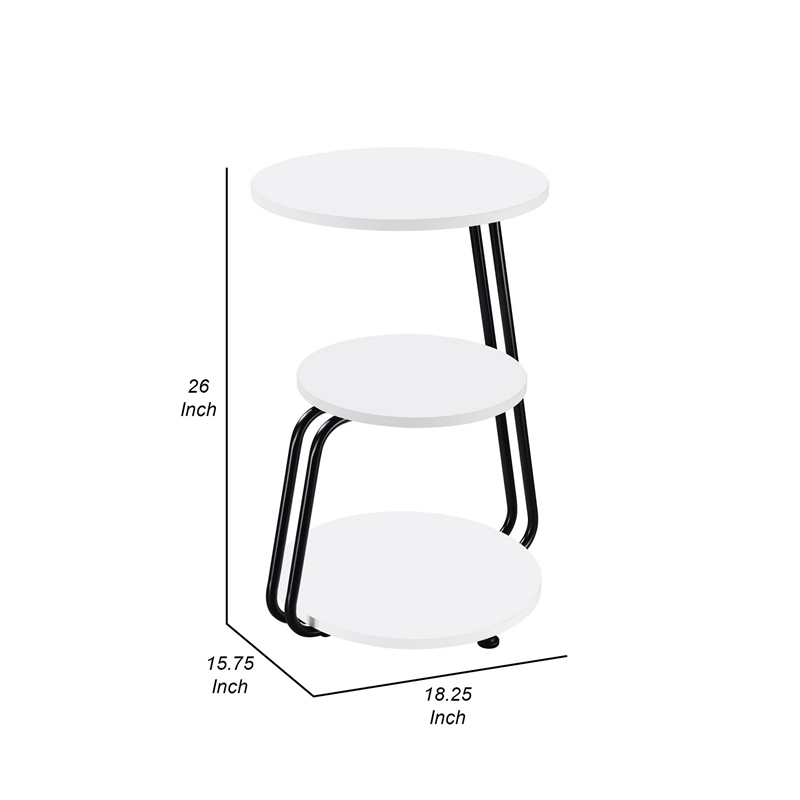 26 Inch Side End Table- 3 Tier Design- Black Metal Frame- White Finish