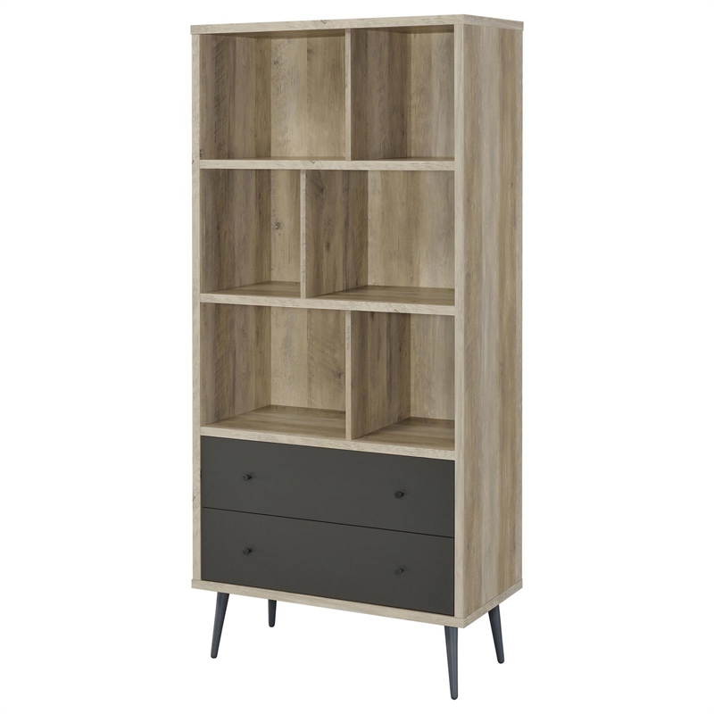 70 Inch Bookcase- 3 Shelves- Vertical Dividers- 2 Drawers- Brown- Gray