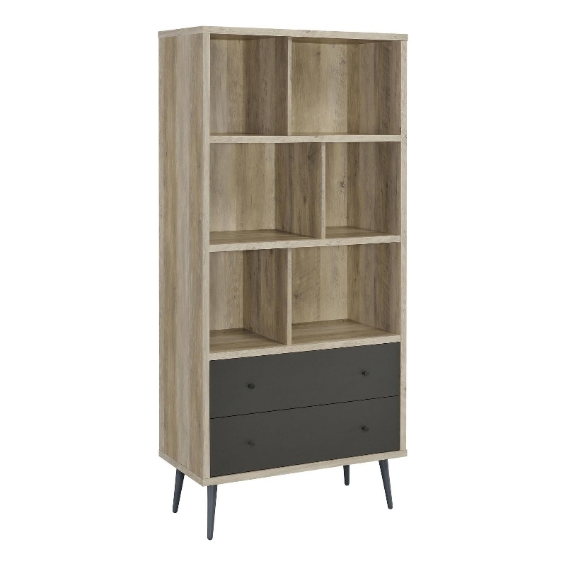 70 Inch Bookcase- 3 Shelves- Vertical Dividers- 2 Drawers- Brown- Gray