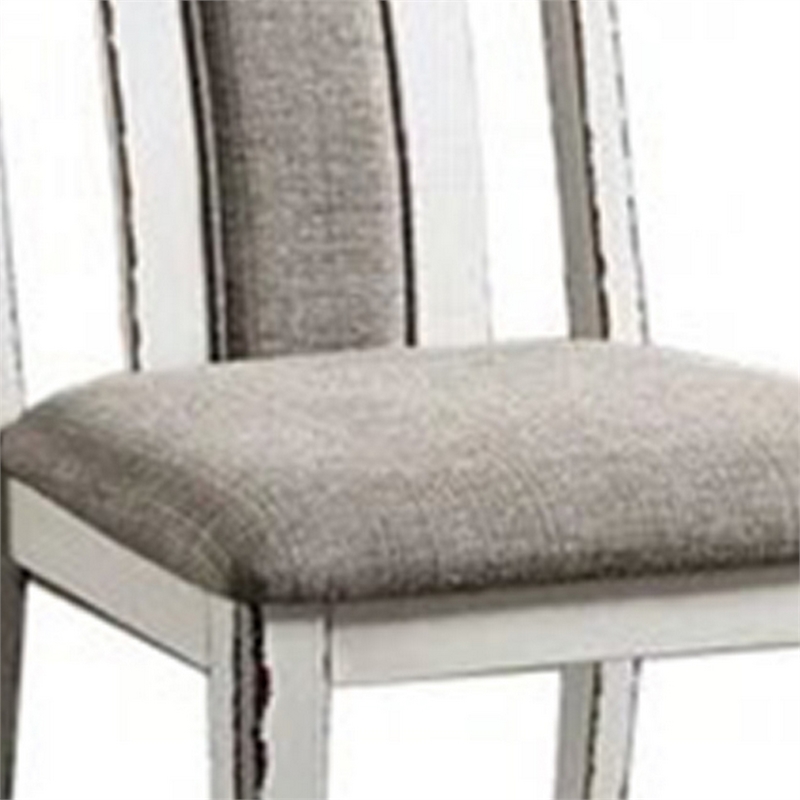 24 Inch Dining Side Chair Set of 2- Rustic White Wood- Gray Fabric Seat