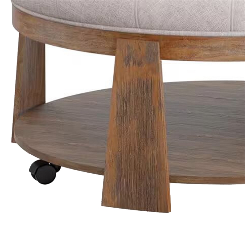 Gus 41 Inch Ottoman Coffee Table- Button Tufted Beige Fabric- Brown Wood
