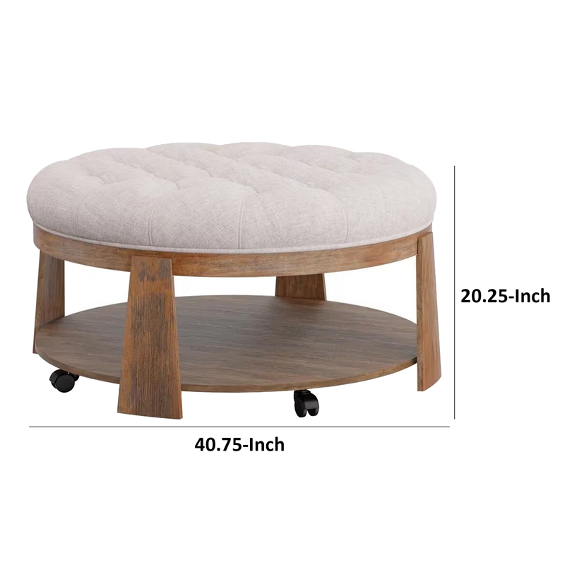 Gus 41 Inch Ottoman Coffee Table- Button Tufted Beige Fabric- Brown Wood