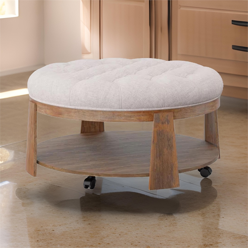 Gus 41 Inch Ottoman Coffee Table- Button Tufted Beige Fabric- Brown Wood
