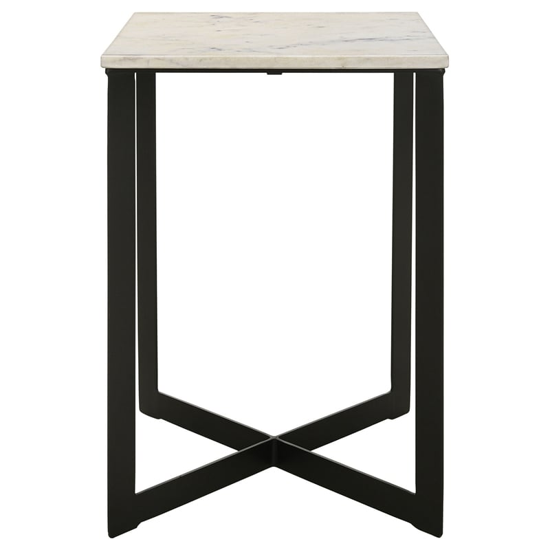 Sovi 24 Inch Side End Table- Square Marble Top- Black Metal Frame- White