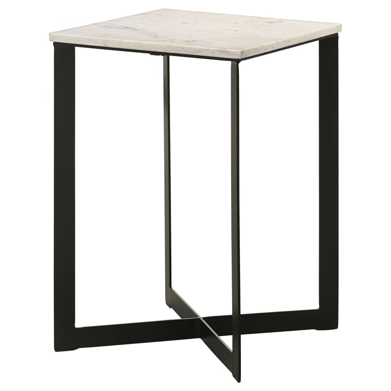 Sovi 24 Inch Side End Table- Square Marble Top- Black Metal Frame- White