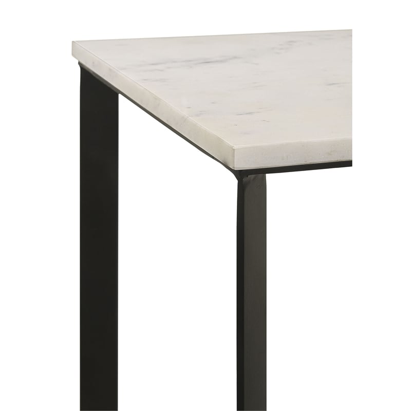 Sovi 24 Inch Side End Table- Square Marble Top- Black Metal Frame- White
