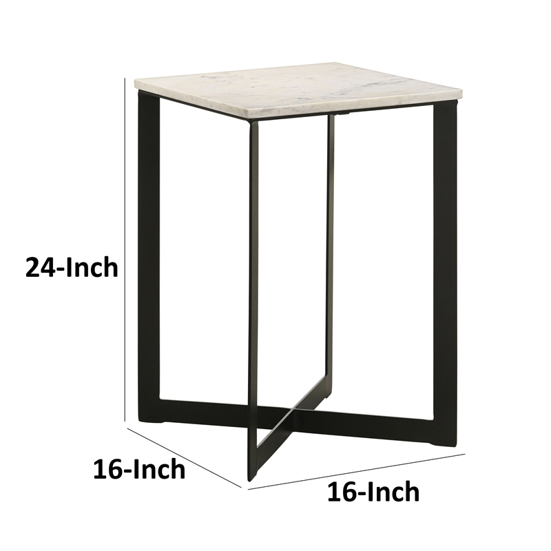 Sovi 24 Inch Side End Table- Square Marble Top- Black Metal Frame- White