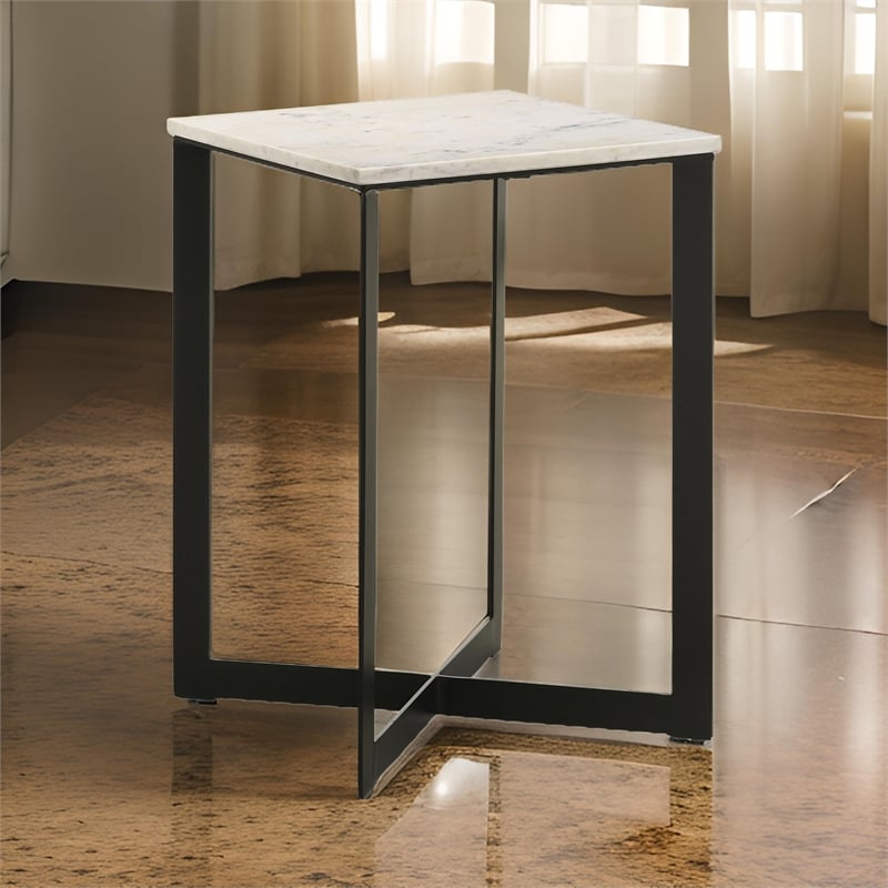Sovi 24 Inch Side End Table- Square Marble Top- Black Metal Frame- White