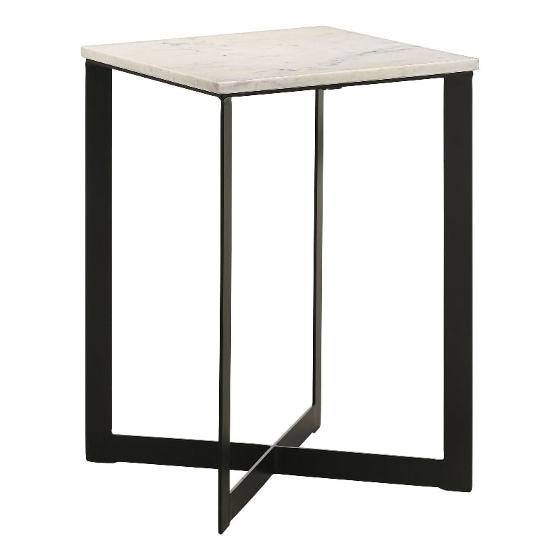 Sovi 24 Inch Side End Table- Square Marble Top- Black Metal Frame- White