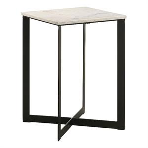 Sovi 24 Inch Side End Table- Square Marble Top- Black Metal Frame- White