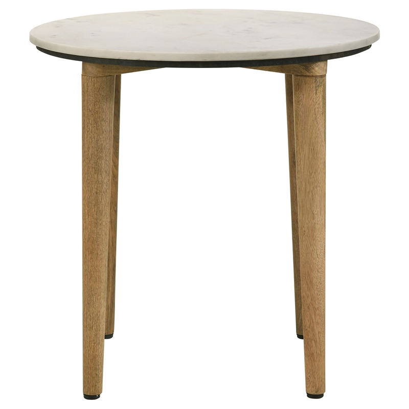 Wolu 22 Inch Side End Table- White Marble Round Top- Natural Brown Wood