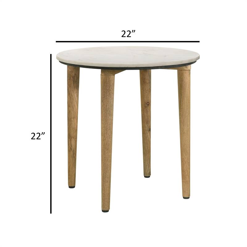 Wolu 22 Inch Side End Table- White Marble Round Top- Natural Brown Wood