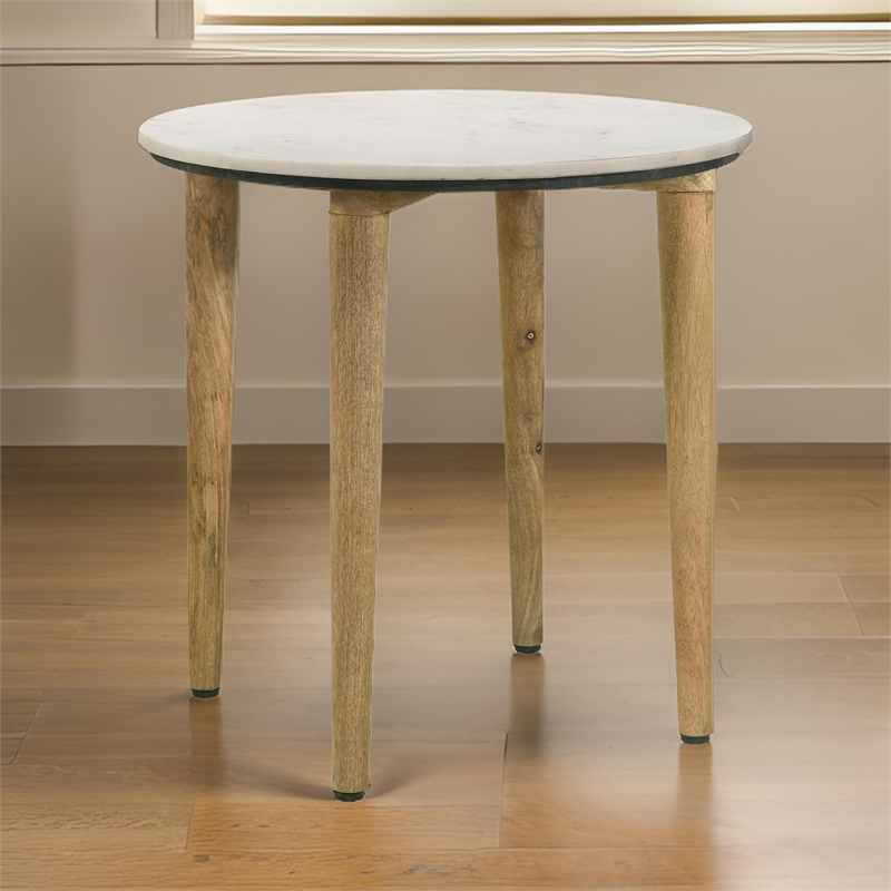 Wolu 22 Inch Side End Table- White Marble Round Top- Natural Brown Wood