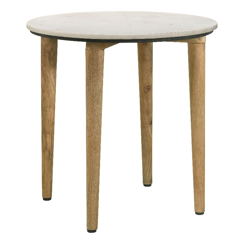 Wolu 22 Inch Side End Table- White Marble Round Top- Natural Brown Wood