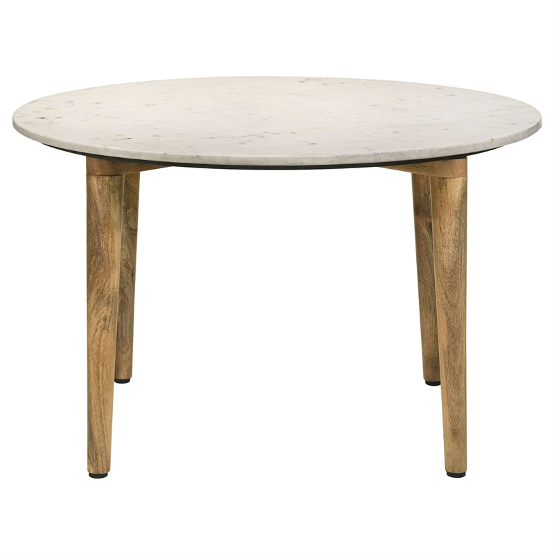 Wolu 30 Inch Coffee Table- White Marble Round Top- Natural Brown Mango Wood