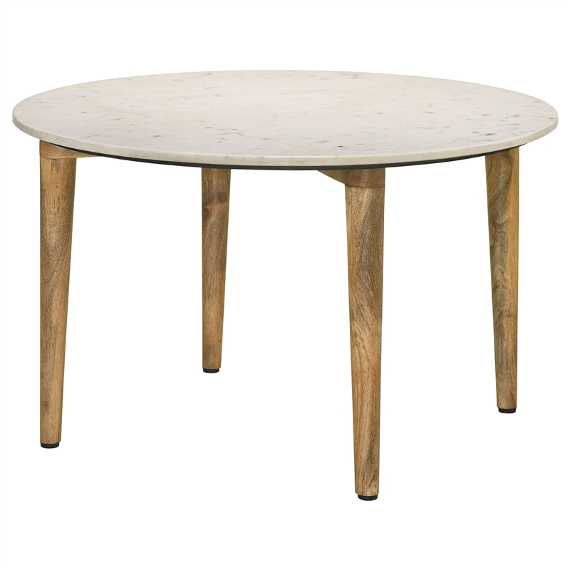 Wolu 30 Inch Coffee Table- White Marble Round Top- Natural Brown Mango Wood