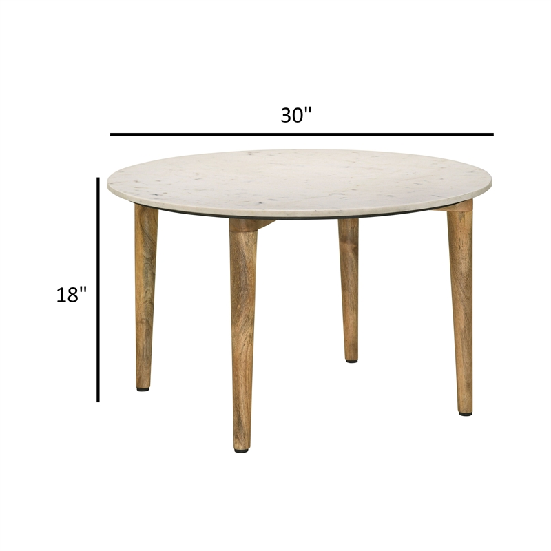 Wolu 30 Inch Coffee Table- White Marble Round Top- Natural Brown Mango Wood