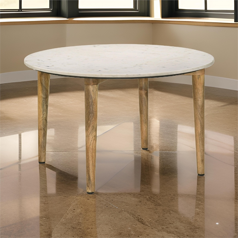 Wolu 30 Inch Coffee Table- White Marble Round Top- Natural Brown Mango Wood